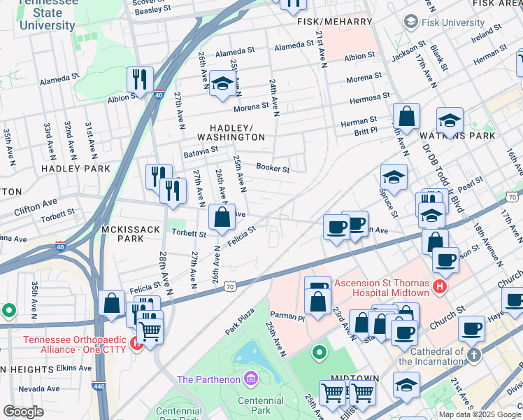 map of restaurants, bars, coffee shops, grocery stores, and more near 2400 Clifton Avenue in Nashville