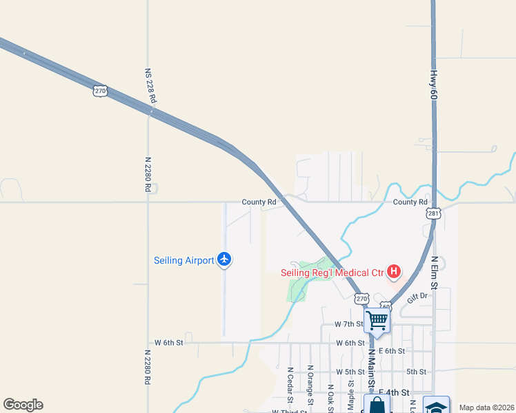 map of restaurants, bars, coffee shops, grocery stores, and more near 601 West County Line Road in Seiling