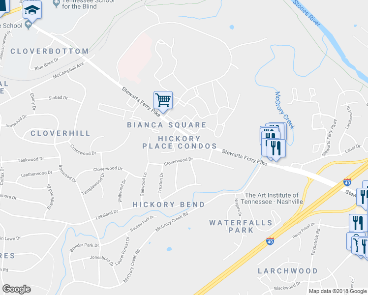 map of restaurants, bars, coffee shops, grocery stores, and more near 328 Hickory Place in Nashville