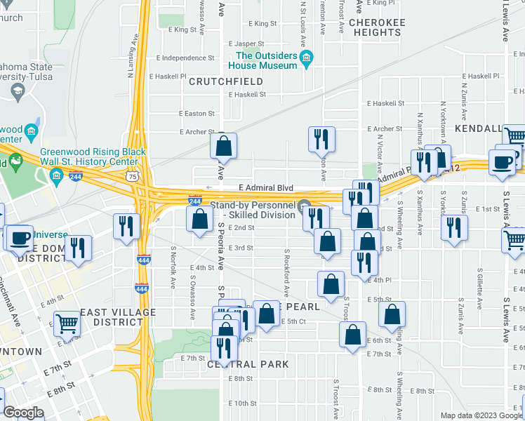 map of restaurants, bars, coffee shops, grocery stores, and more near 1412 East 1st Street in Tulsa