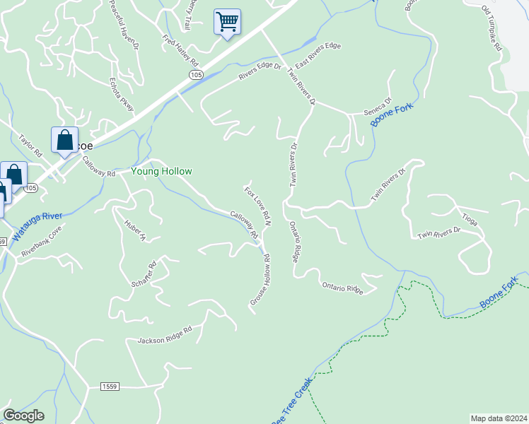 map of restaurants, bars, coffee shops, grocery stores, and more near 158 Fox Love Road North in Boone
