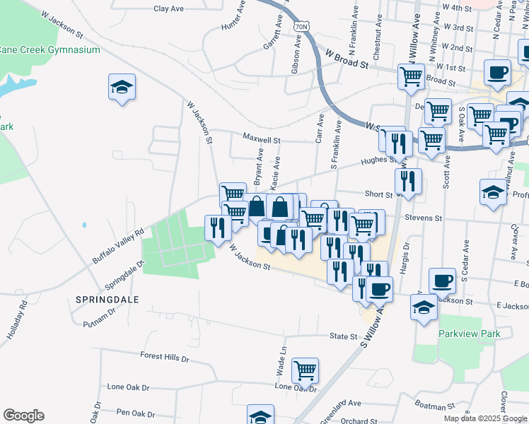 map of restaurants, bars, coffee shops, grocery stores, and more near 620 West Stevens Street in Cookeville