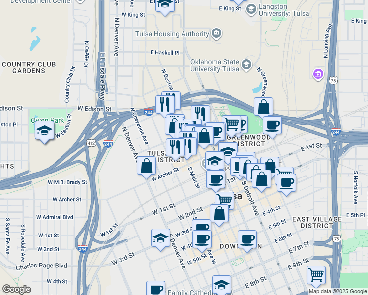 map of restaurants, bars, coffee shops, grocery stores, and more near 302 North Main Street in Tulsa