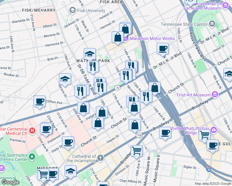 map of restaurants, bars, coffee shops, grocery stores, and more near 1619 Charlotte Avenue in Nashville