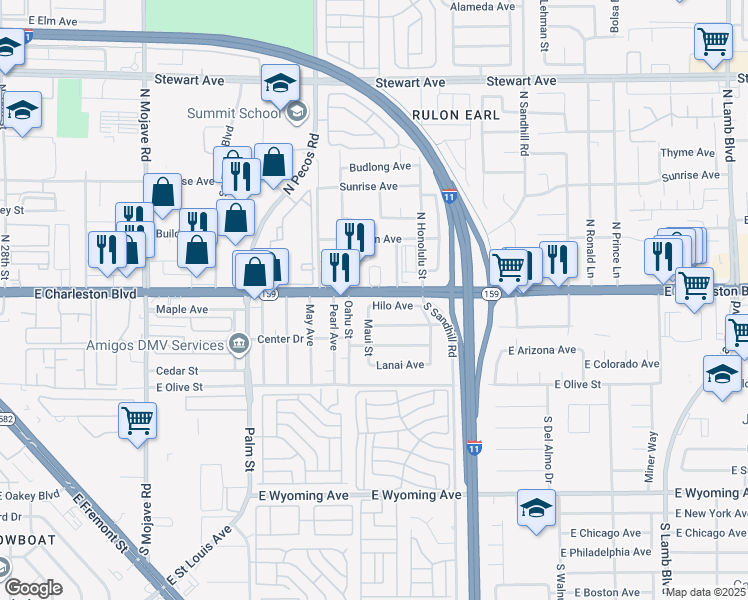 map of restaurants, bars, coffee shops, grocery stores, and more near 3839 East Charleston Boulevard in Las Vegas