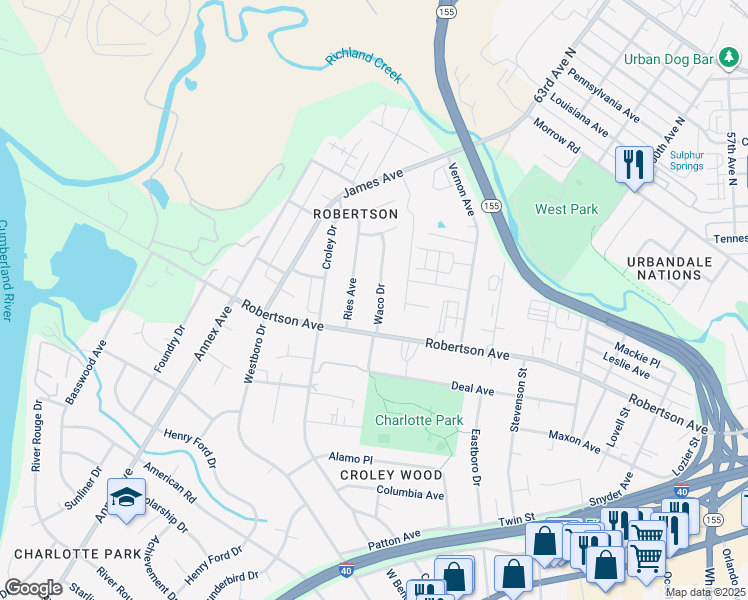 map of restaurants, bars, coffee shops, grocery stores, and more near 619 Waco Drive in Nashville