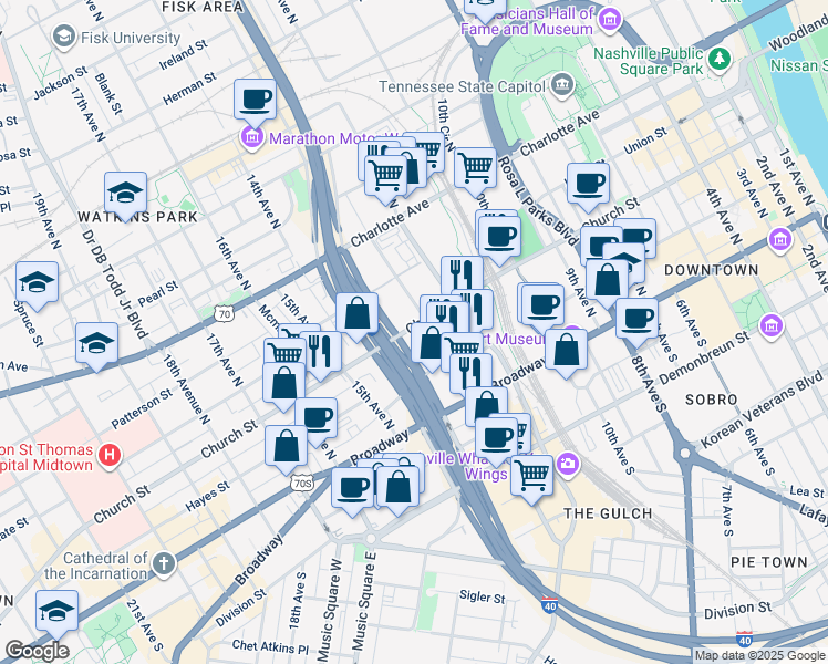 map of restaurants, bars, coffee shops, grocery stores, and more near 1201 Church Street in Nashville