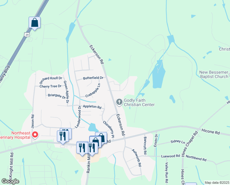 map of restaurants, bars, coffee shops, grocery stores, and more near 5620 Eckerson Road in Greensboro