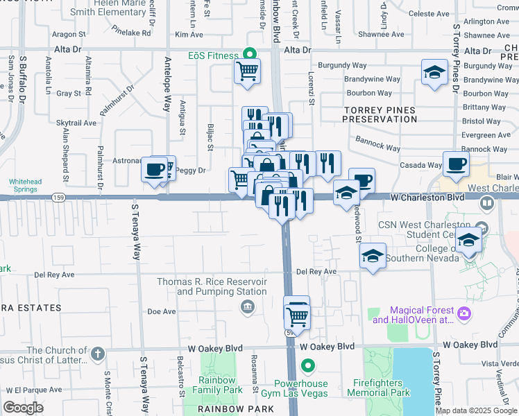 map of restaurants, bars, coffee shops, grocery stores, and more near 6849A West Charleston Boulevard in Las Vegas