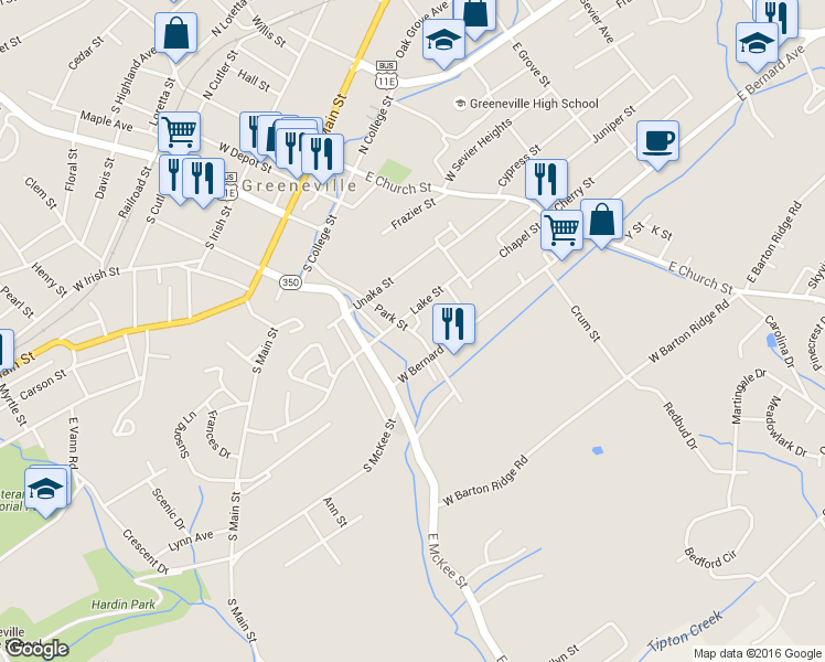 map of restaurants, bars, coffee shops, grocery stores, and more near 101 Honeysuckle Lane in Greeneville