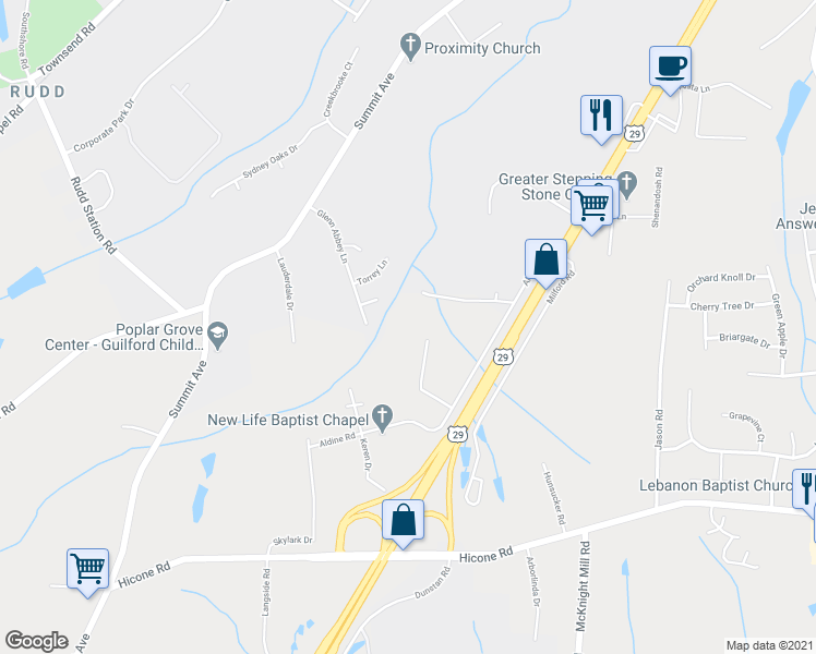 map of restaurants, bars, coffee shops, grocery stores, and more near 5527 Birch Ridge Road in Greensboro
