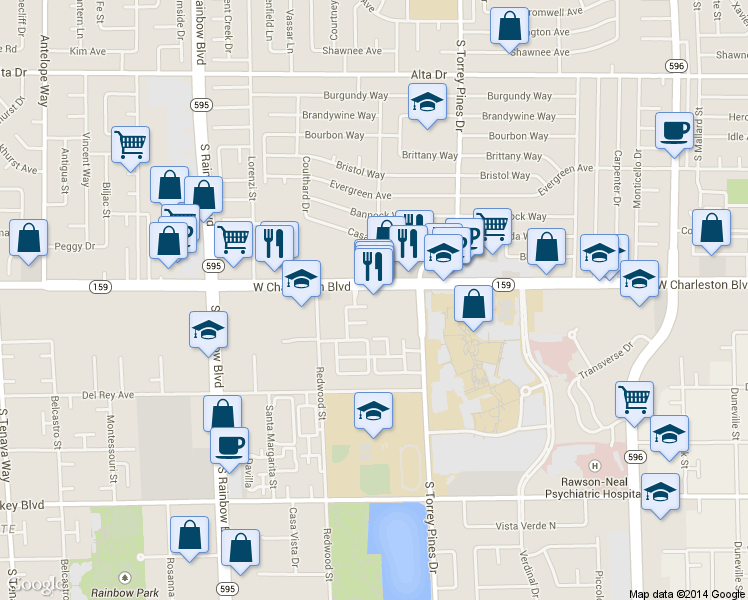 map of restaurants, bars, coffee shops, grocery stores, and more near 6601 West Charleston Boulevard in Las Vegas