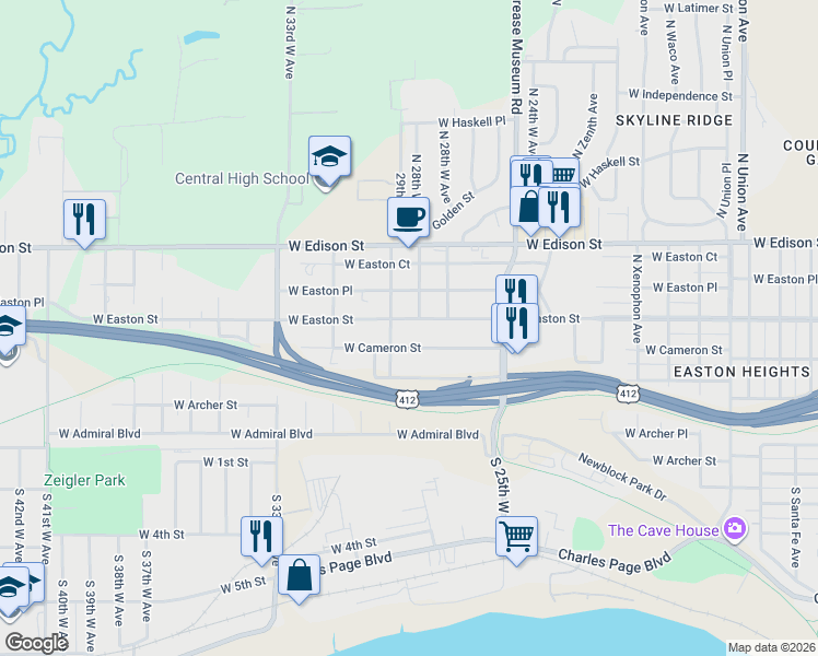 map of restaurants, bars, coffee shops, grocery stores, and more near 2801 West Easton Street in Tulsa