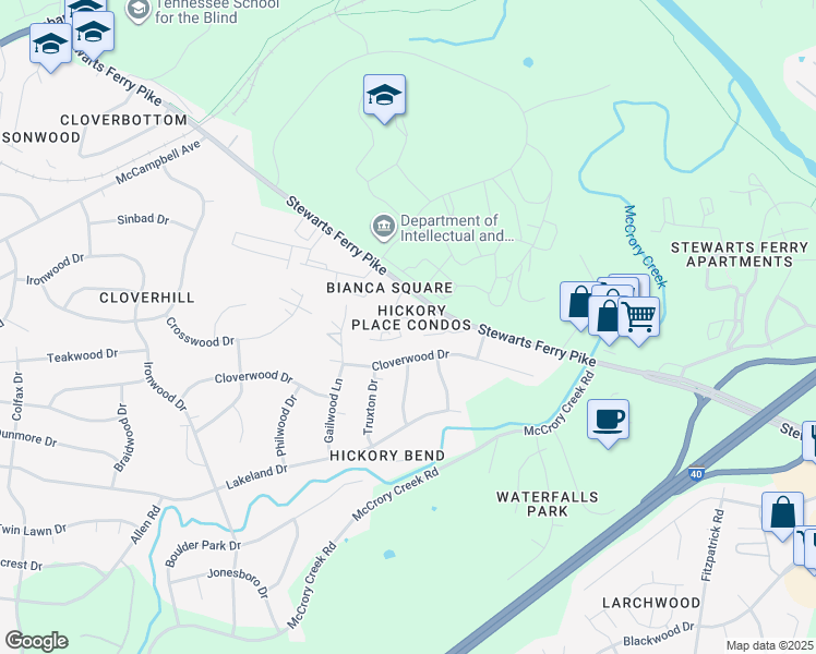 map of restaurants, bars, coffee shops, grocery stores, and more near 323 Hickory Place in Nashville