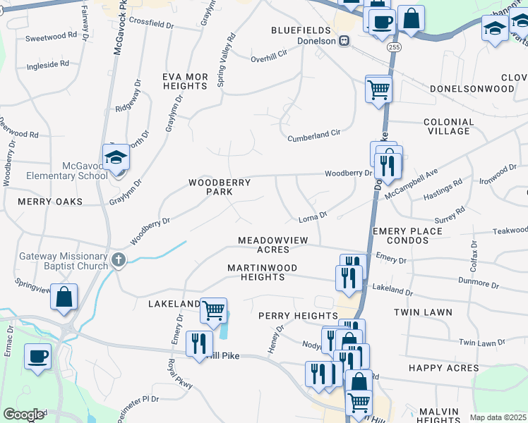 map of restaurants, bars, coffee shops, grocery stores, and more near 2820 Airwood Drive in Nashville