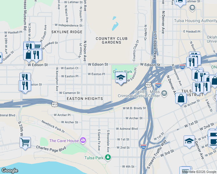 map of restaurants, bars, coffee shops, grocery stores, and more near 504 North Quanah Avenue in Tulsa