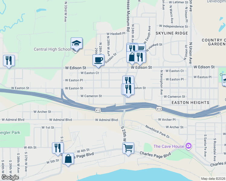 map of restaurants, bars, coffee shops, grocery stores, and more near 500 North 27th West Avenue in Tulsa
