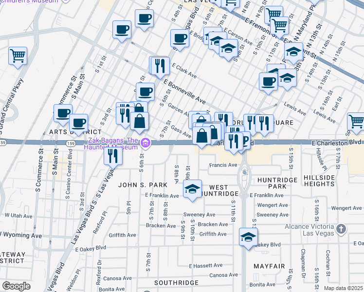 map of restaurants, bars, coffee shops, grocery stores, and more near 725 East Charleston Boulevard in Las Vegas