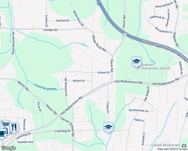 map of restaurants, bars, coffee shops, grocery stores, and more near 2235 School Street in Winston-Salem