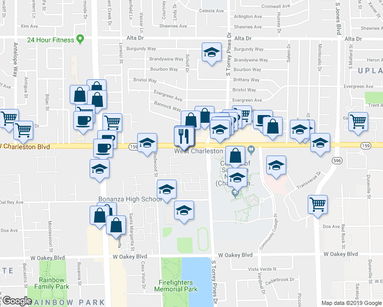 map of restaurants, bars, coffee shops, grocery stores, and more near 6451 West Charleston Boulevard in Las Vegas