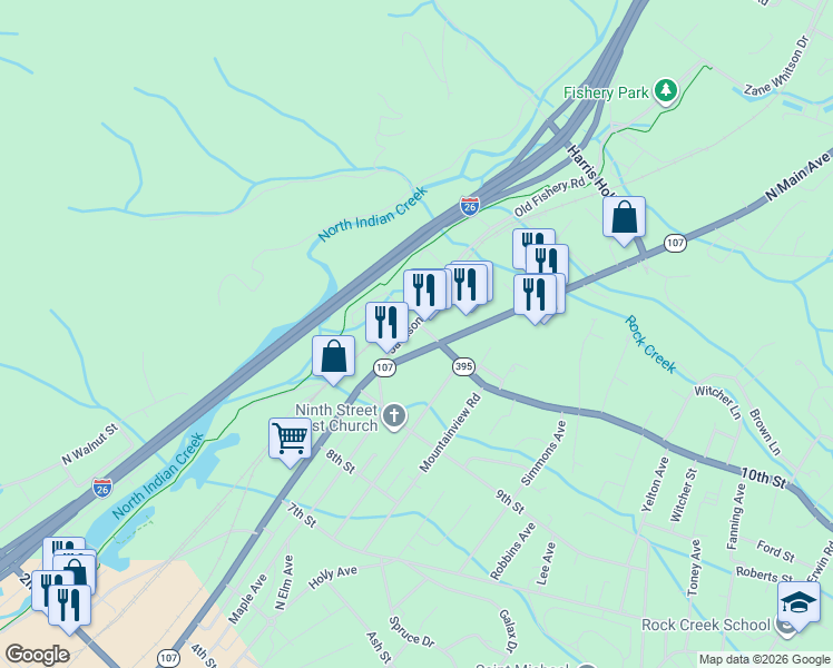 map of restaurants, bars, coffee shops, grocery stores, and more near 211 Jackson Avenue in Erwin