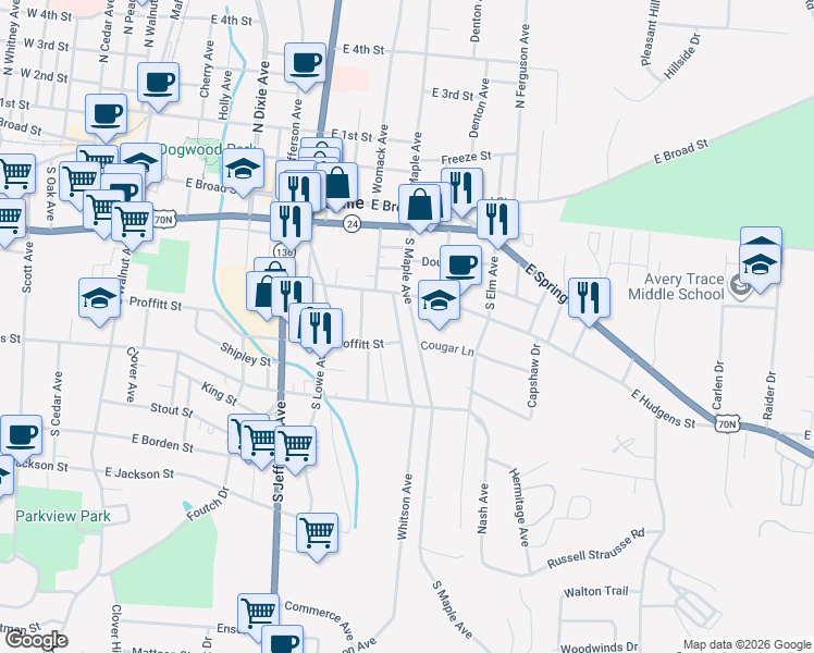 map of restaurants, bars, coffee shops, grocery stores, and more near 208 Whitson Avenue in Cookeville