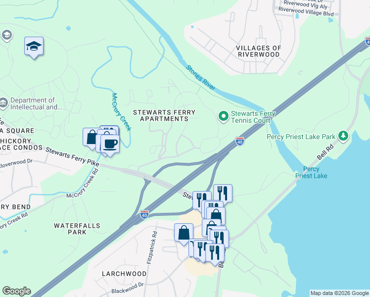 map of restaurants, bars, coffee shops, grocery stores, and more near 3407 Oak Cliff Drive in Nashville