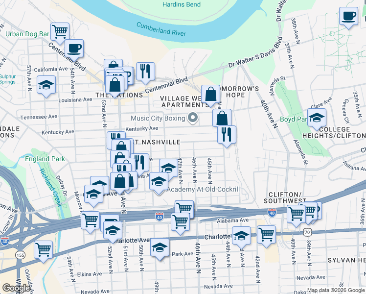 map of restaurants, bars, coffee shops, grocery stores, and more near 4704A Michigan Avenue in Nashville