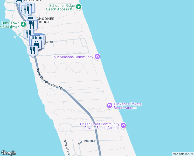 map of restaurants, bars, coffee shops, grocery stores, and more near 134 Plover Drive in Duck