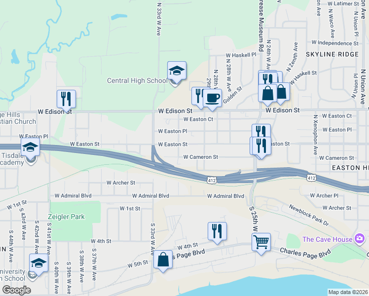 map of restaurants, bars, coffee shops, grocery stores, and more near 2947 West Easton Street in Tulsa