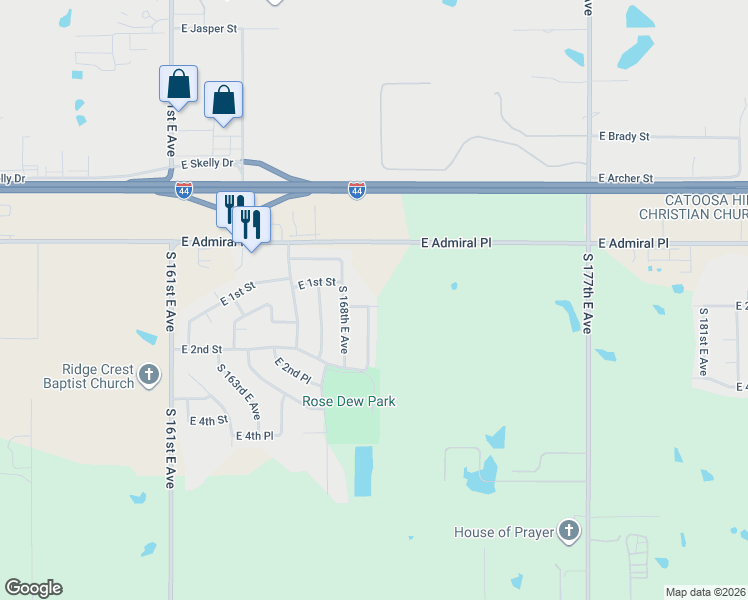 map of restaurants, bars, coffee shops, grocery stores, and more near 16831 East 1st Street in Tulsa