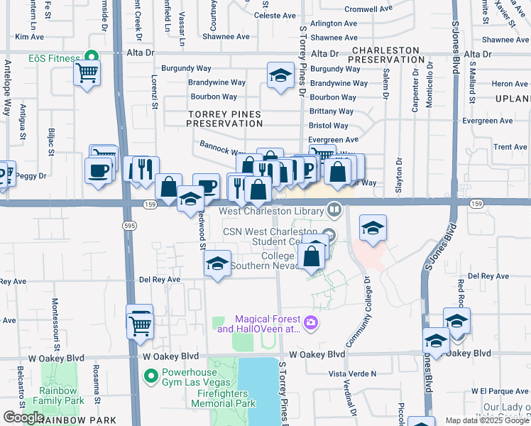 map of restaurants, bars, coffee shops, grocery stores, and more near 6451 West Charleston Boulevard in Las Vegas