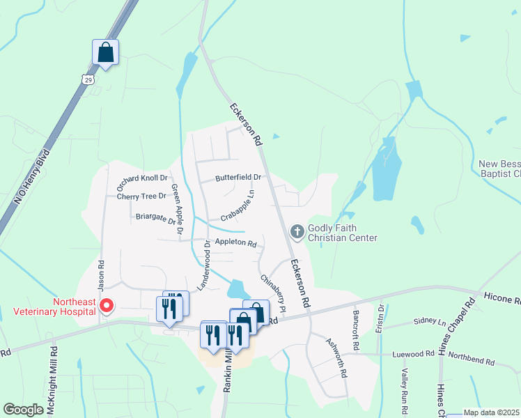 map of restaurants, bars, coffee shops, grocery stores, and more near 5617 Eckerson Road in Greensboro