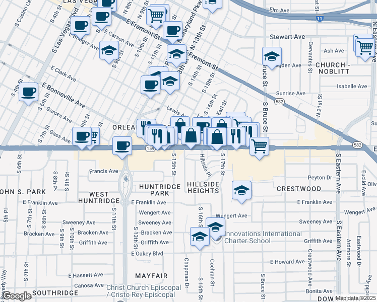 map of restaurants, bars, coffee shops, grocery stores, and more near 1605 Nevada 159 in Las Vegas