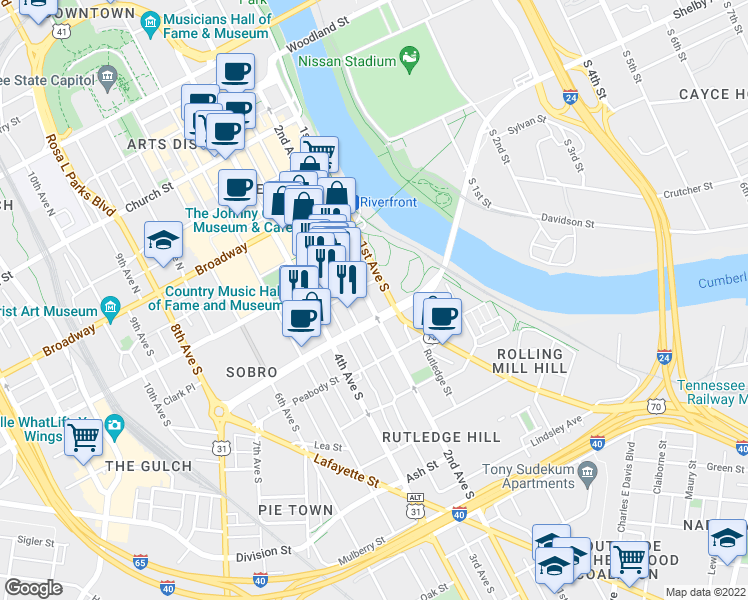 map of restaurants, bars, coffee shops, grocery stores, and more near 300 2nd Avenue South in Nashville