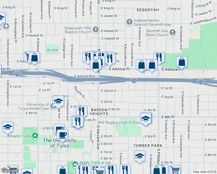 map of restaurants, bars, coffee shops, grocery stores, and more near 108 South Jamestown Avenue in Tulsa
