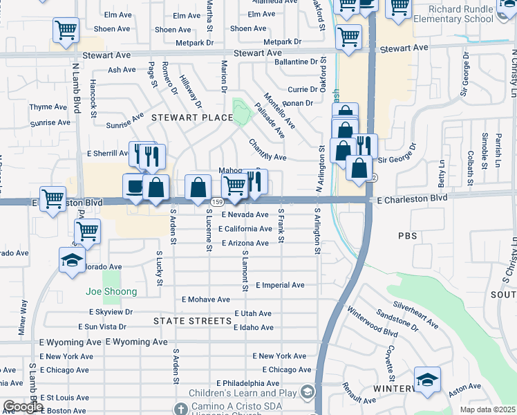 map of restaurants, bars, coffee shops, grocery stores, and more near in Sunrise Manor