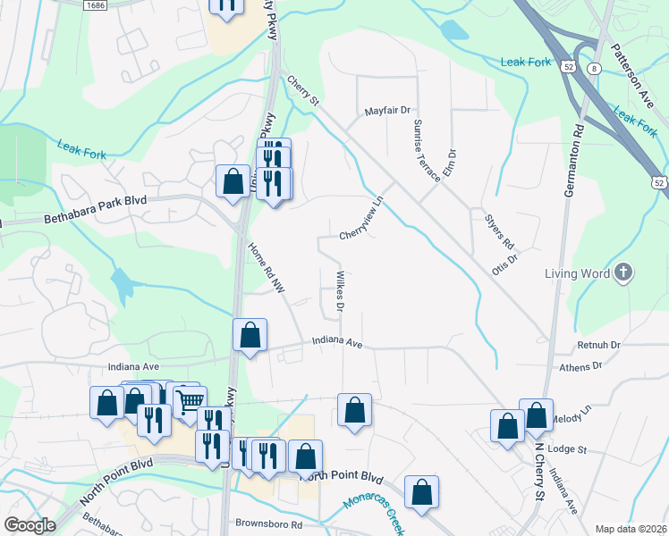 map of restaurants, bars, coffee shops, grocery stores, and more near 4972 Wilkes Drive in Winston-Salem