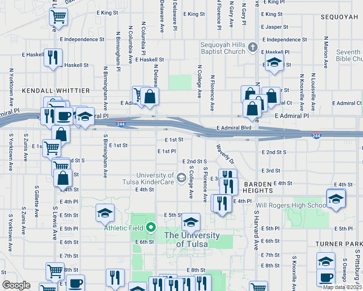 map of restaurants, bars, coffee shops, grocery stores, and more near 2840 East 1st Street South in Tulsa
