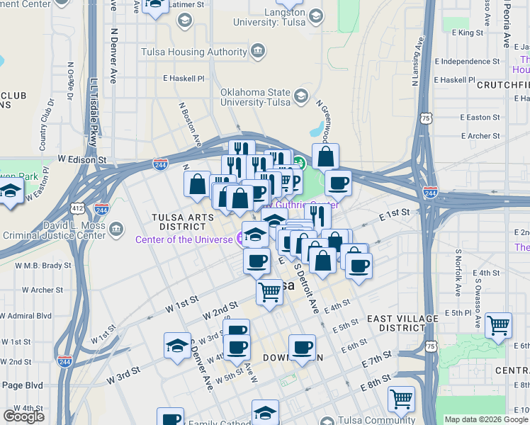 map of restaurants, bars, coffee shops, grocery stores, and more near 109 North Detroit Avenue in Tulsa