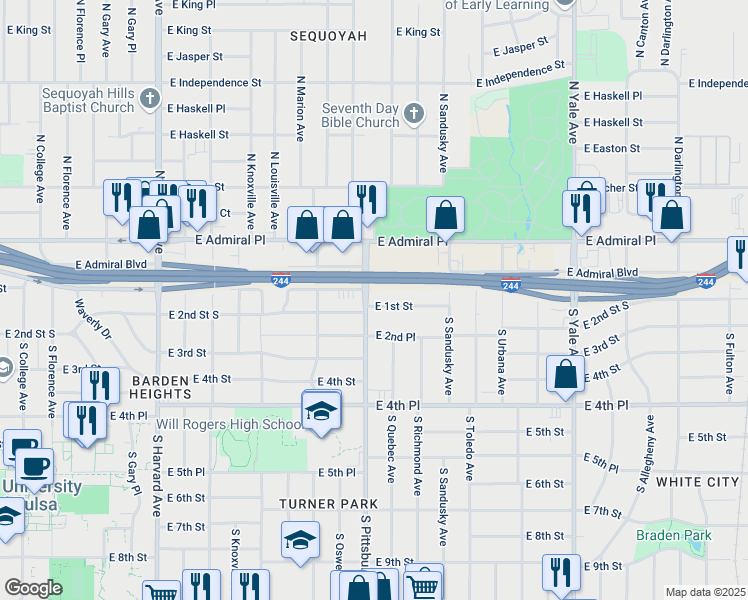 map of restaurants, bars, coffee shops, grocery stores, and more near 4107 East 1st Street in Tulsa