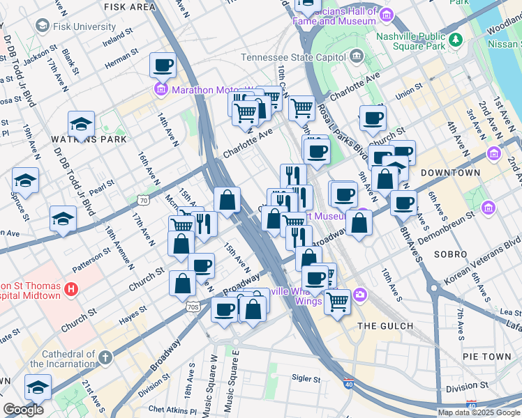 map of restaurants, bars, coffee shops, grocery stores, and more near Church Street in Nashville
