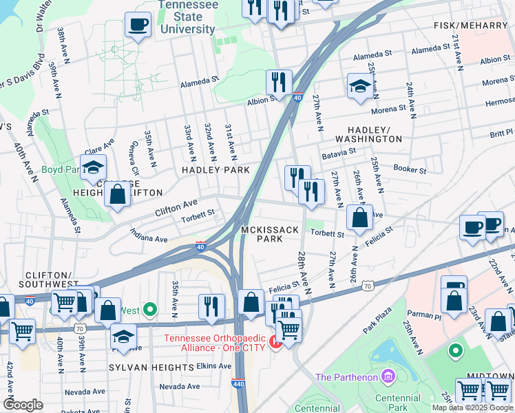 map of restaurants, bars, coffee shops, grocery stores, and more near 2841 Clifton Avenue in Nashville