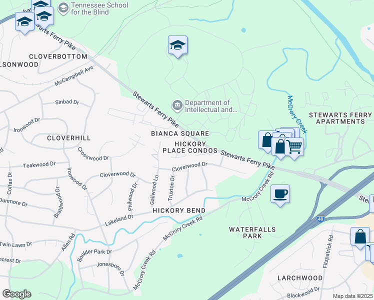 map of restaurants, bars, coffee shops, grocery stores, and more near 323 Hickory Place in Nashville