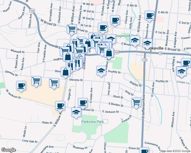 map of restaurants, bars, coffee shops, grocery stores, and more near 55 West Stevens Street in Cookeville