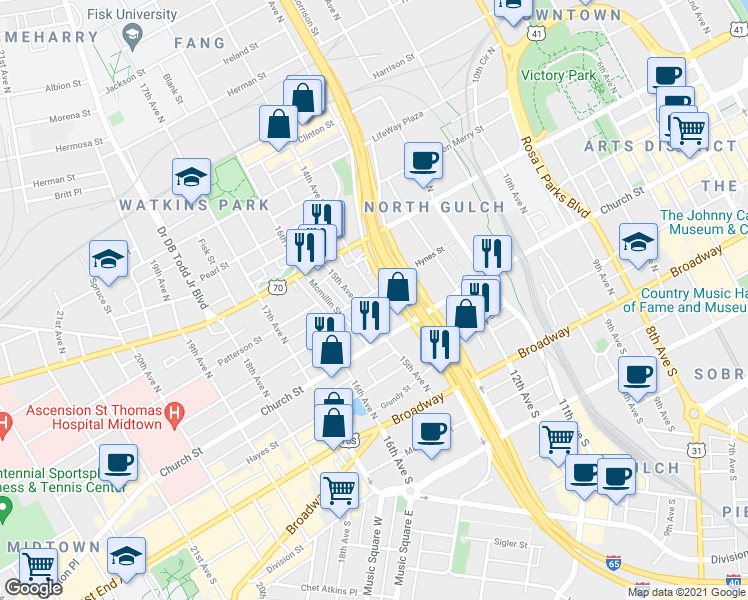 map of restaurants, bars, coffee shops, grocery stores, and more near 225 14th Avenue in Nashville