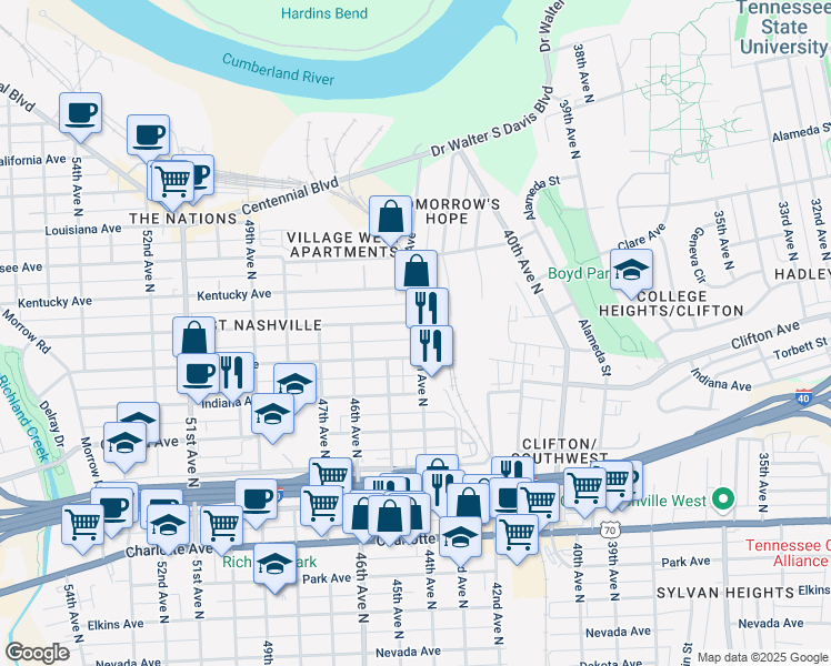 map of restaurants, bars, coffee shops, grocery stores, and more near 920 44th Avenue in Nashville