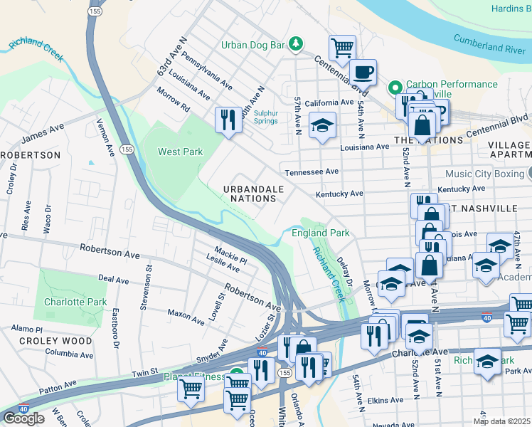 map of restaurants, bars, coffee shops, grocery stores, and more near in Nashville