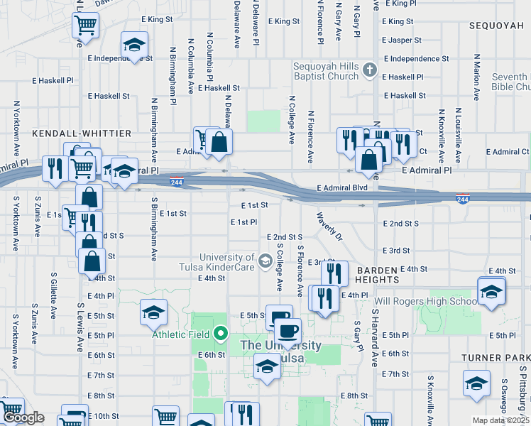 map of restaurants, bars, coffee shops, grocery stores, and more near 2840 East 1st Street South in Tulsa
