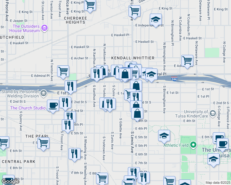 map of restaurants, bars, coffee shops, grocery stores, and more near 22 South Zunis Avenue in Tulsa